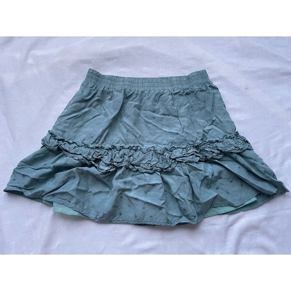 Storia Tiered Ruffle Mini Skirt Women Medium Fairy Boho Rayon Aqua Star Print